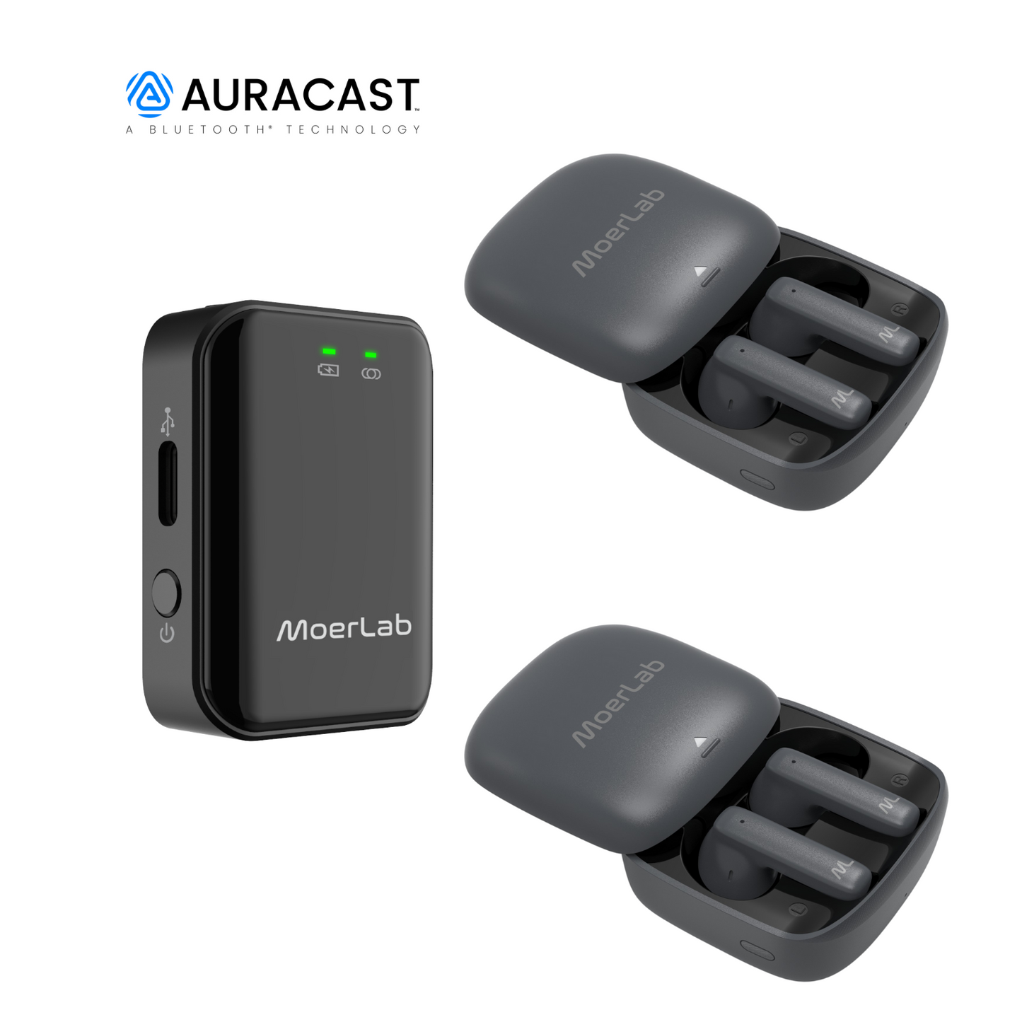 MoerLab® Auracast™ 解決方案套裝組合：1 個 SoundLinker™ 發射器和 2 副 hearClear™ 耳機