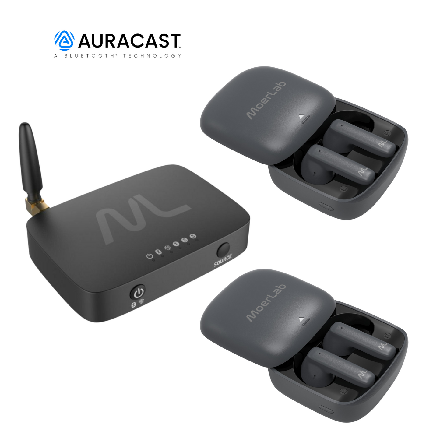 MoerLab® Auracast™ 解決方案套裝組合：1 台 TV hearMore™發射器 + 2 副 hearClear™ 耳機