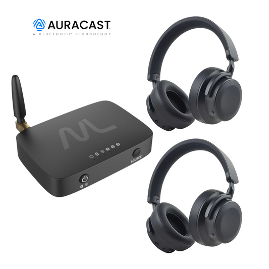 MoerLab® Auracast™ 解決方案套裝組合：1 台 TV hearMore™發射器 + 2 副 EchoBeatz™ 耳機