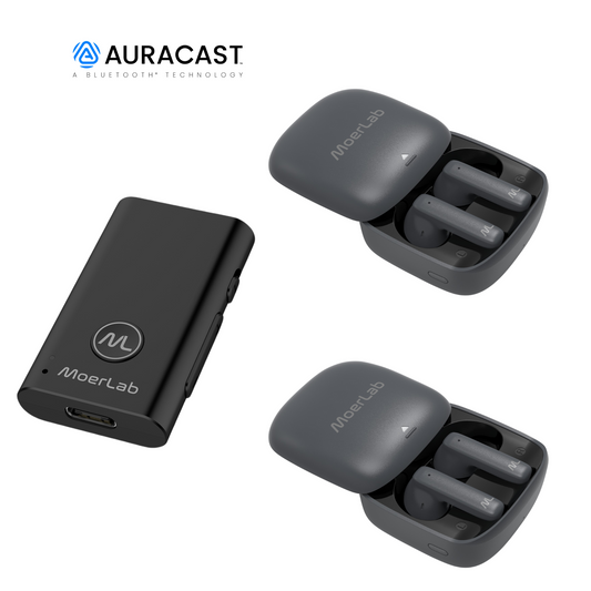 MoerLab® Auracast™ 解決方案套裝組合：1 台 MoerDuo™收發器 + 2 副 hearClear™ 耳機