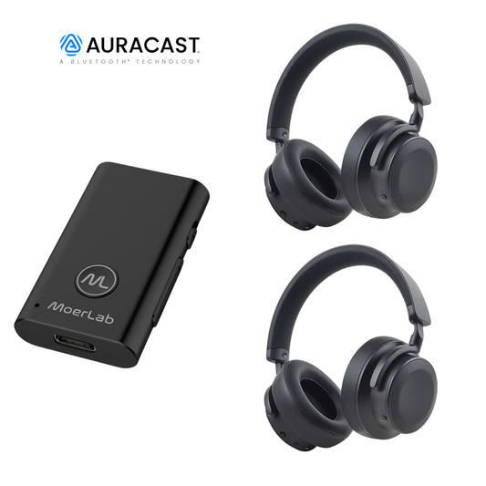 MoerLab® Auracast™ 解決方案套裝組合：1 台 MoerDuo™收發器 + 2 副 EchoBeatz™ 耳機